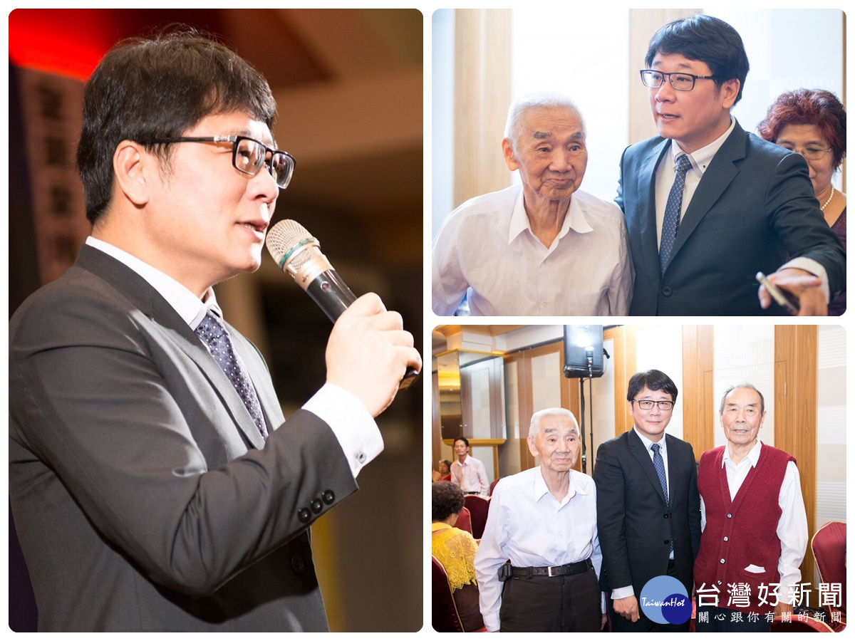 桃園市八德區退伍軍人協會榮民節慶祝表揚大會中,理事長立法委員趙正宇致詞並與受獎老榮民話家常。