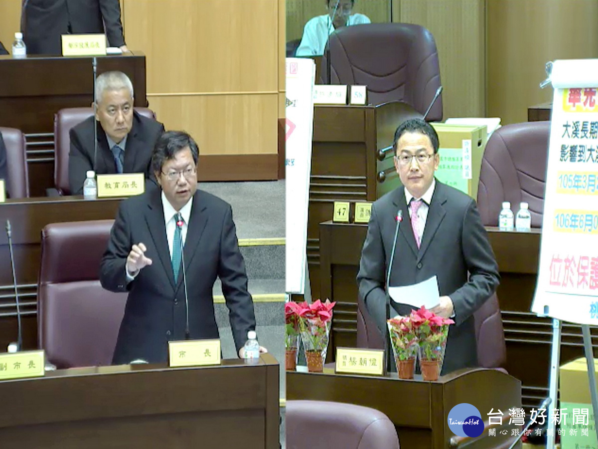 桃園市議員楊朝偉針對大溪區瑞源里蕃仔寮一帶被劃定為噪音管制區,要求桃園市長鄭文燦協調軍方爭取回饋。