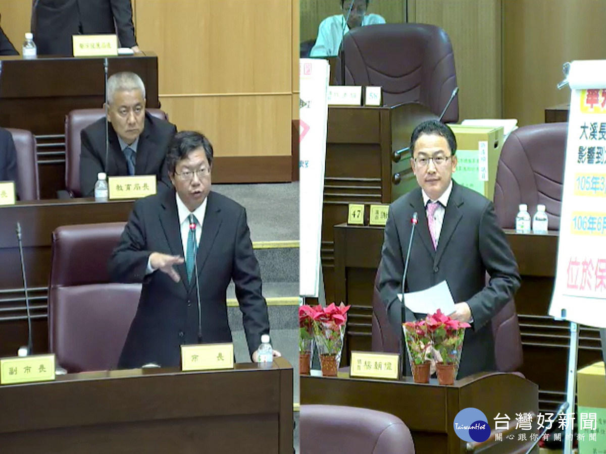 針對大溪建設的均衡發展,桃園市議員楊楊朝偉於總質詢中質詢桃園市長鄭文燦。