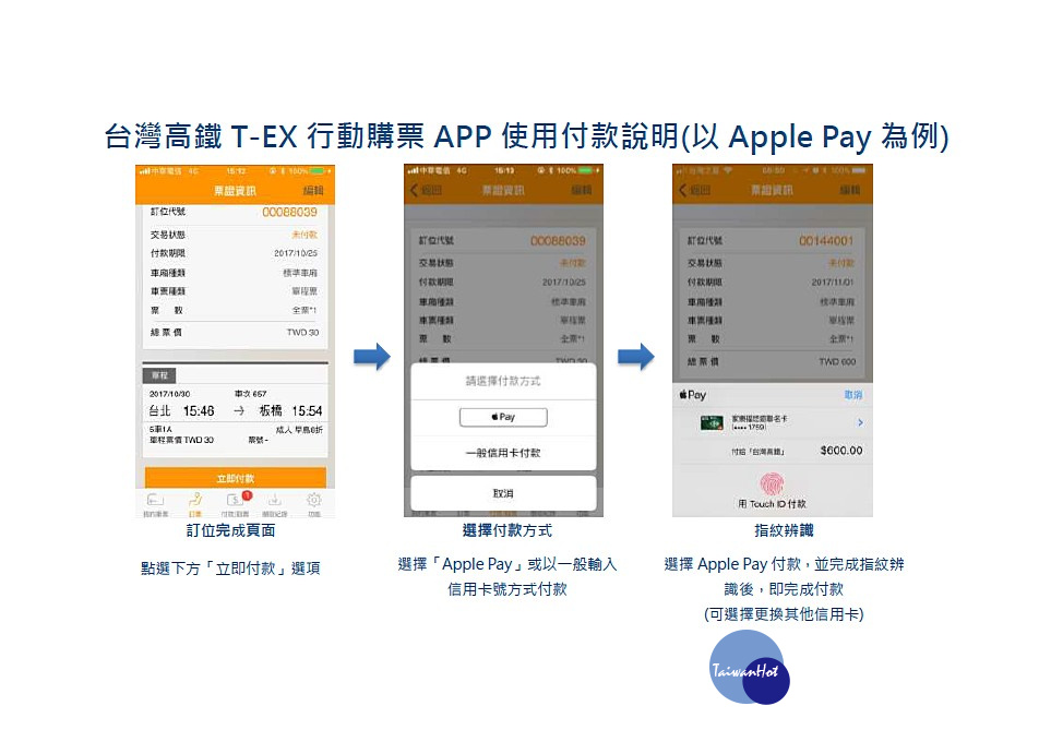 台灣高鐵宣布,即日起領先國內軌道運輸業者,接受民眾購票時使用Apple Pay、Android Pay行動支付購票,讓民眾有更多元的高鐵購票付款選擇。(圖/台灣高鐵)