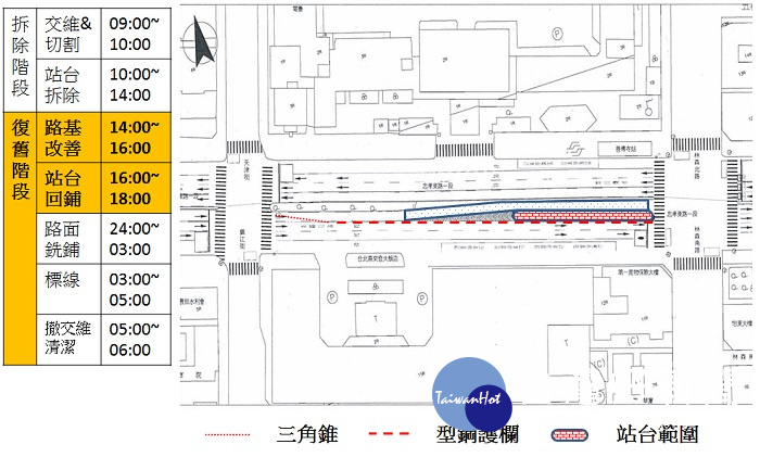 北市工務局在11月18日(週六)、19日(週日),進行忠孝東路一段(鎮江街至林森南路)上的公車專用道月台的拆除、路面銑鋪作業。(圖/台北市工務局)