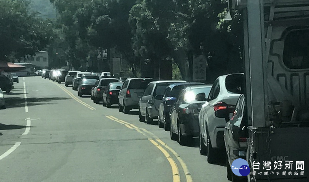 溪頭沿路經常車輛大排長龍停車一位難求。(記者扶小萍攝)