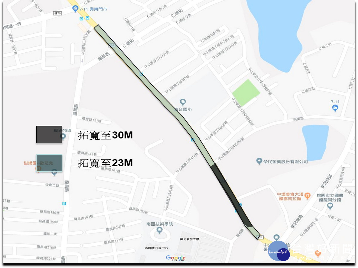 「中山東路三段230巷至龍文街口道路拓寬改善工程」位置圖。