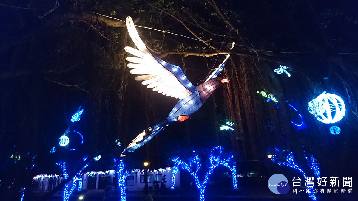 長達兩公尺台灣藍鵲光藝術裝置。