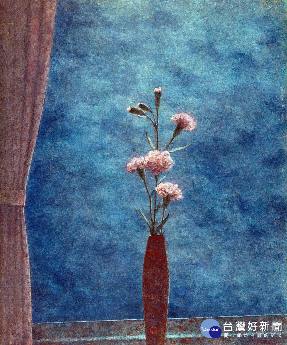 莊士勳老師的膠彩創作-有康乃馨的風景。