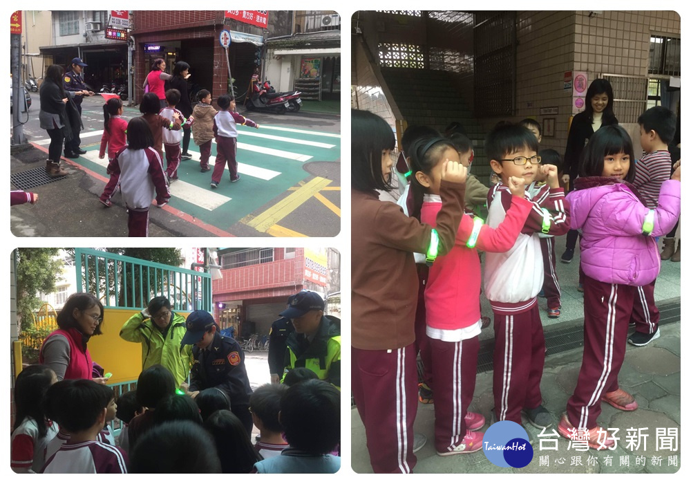 女警發送學童LED反光條,學童開心展示反光條,戴著反光條依序過馬路。
