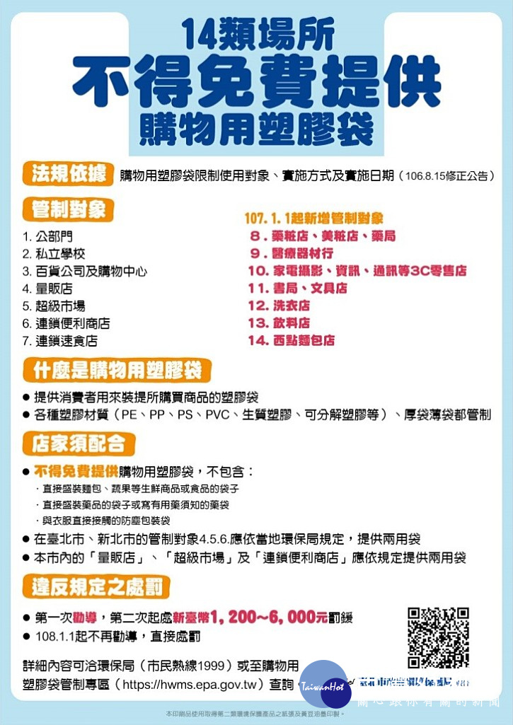 環保署公告自2018年1月1日起,包含麵包店、飲料店、書籍及文具零售業、洗衣店、醫療器材行、藥局及藥妝店、家電攝影資訊及通訊設備零售業等店家業者,規定不得提供免費塑膠袋。(圖/台北市環保局)