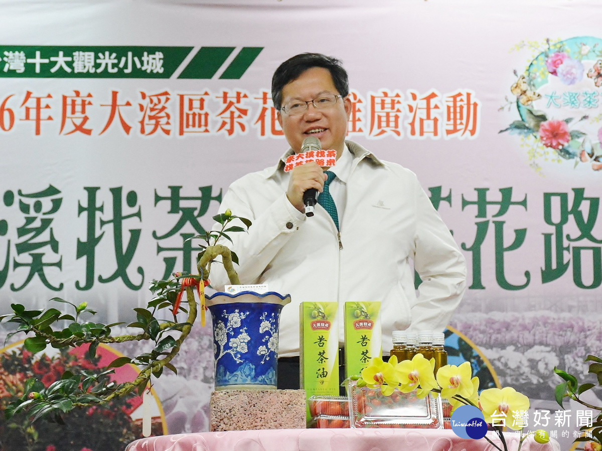 桃園市長鄭文燦於「106年度大溪茶花節」記者會中,邀請市民朋友們踴躍到大溪「找茶」。