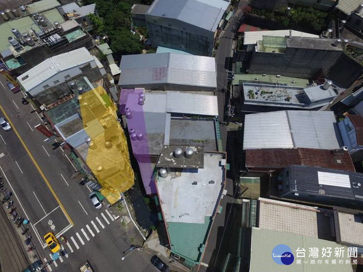 東門溪桃鶯路口違建拆除範圍(黃色部份為桃園市、紫色部份為新北市)。