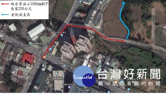 桃園市平鎮區新光路四段雨水下水道工程工區示意圖。