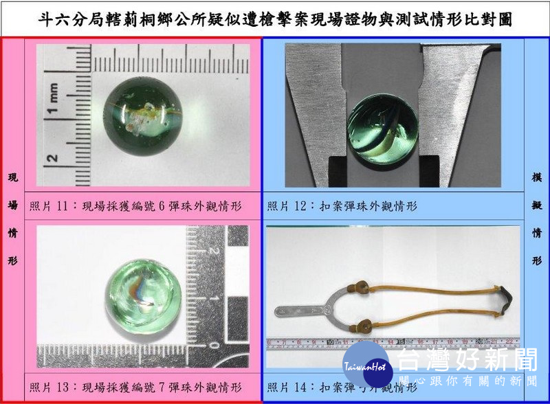 偵查結果判斷玻璃門上的孔洞係遭彈弓射擊之玻璃彈珠撞擊所造成,另將現場發現玻璃彈珠送往警大協助鑑定。(記者陳昭宗拍攝)