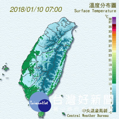 氣象局針對北北基桃等18縣市皆發布低溫特報,從溫度分布圖看來,台灣宛如一顆「凍番薯」。(圖/中央氣象局)
