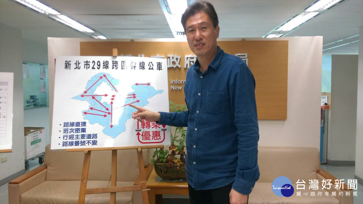 交通局長王聲威表示,為鼓勵民眾搭乘公車等大眾運輸工具,交通局推出29條跨區幹線公車,民眾搭乘跨區幹線公車轉乘雙北市一般公車,將享1段票半價優惠(圖/記者黃村杉攝)