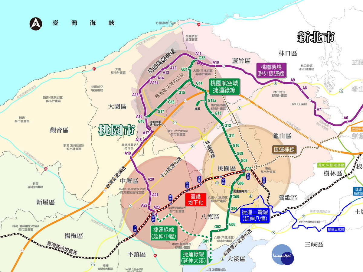 桃園的捷運願景三心六線路網圖。