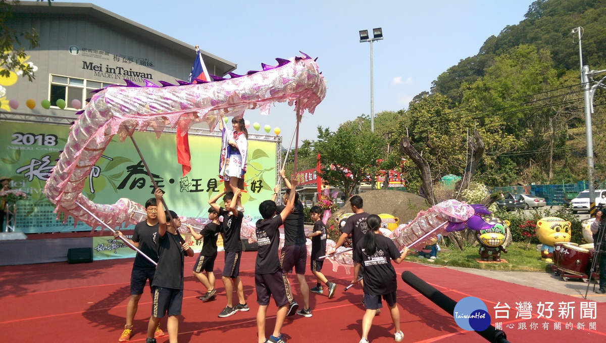 南投梅子節開幕活動，學生精彩的舞龍表演。〈記者吳素珍攝〉