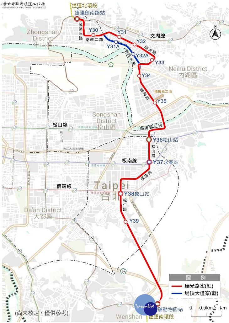 台北市捷運工程局提出「北捷東側南北向捷運可行性研究」,初步研擬內湖段分為瑞光路案、堤頂大道兩條建議路線方案,且採中運量及地下化興建。(圖/台北市捷運工程局)