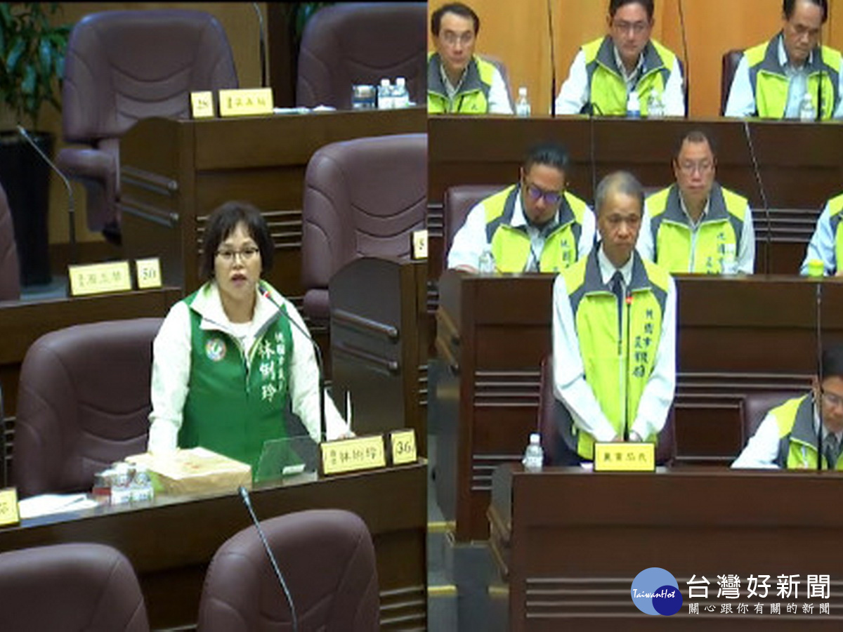 桃園市議員林俐玲針對開辦農民職業災害保險問題質詢農業局長郭承泉。