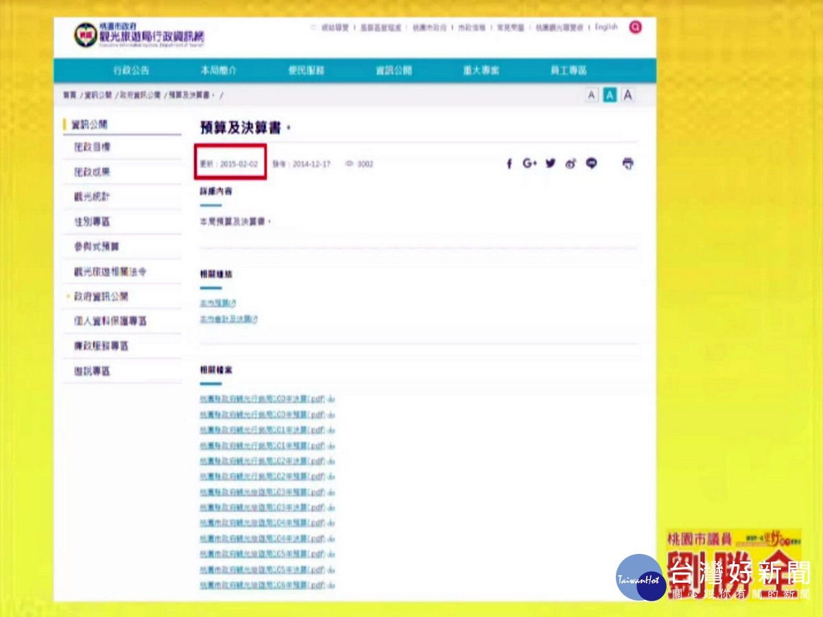 桃園市議員劉勝全拿出觀旅局網站圖表，指責從2015年2月2日開始就沒有更新過。