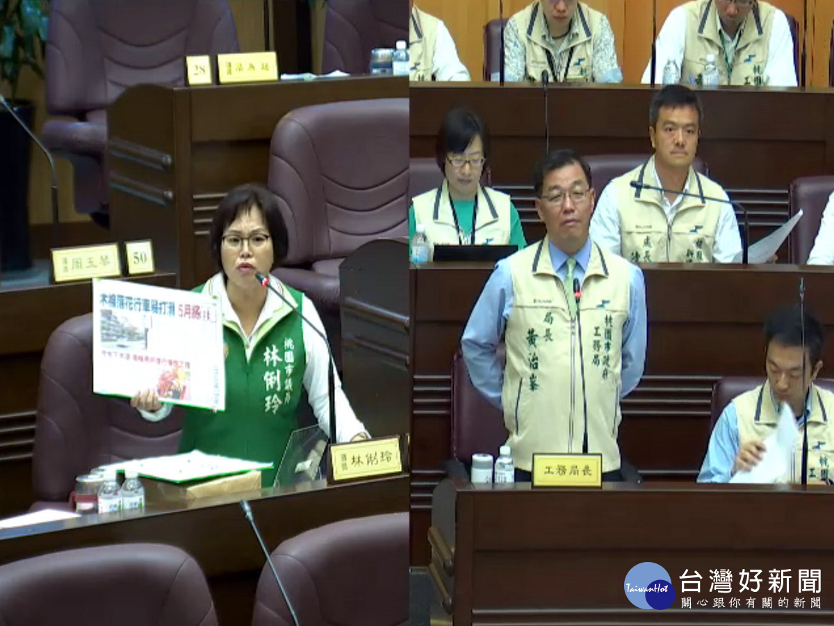針對木棉花掉落形成馬路陷阱 ,桃園市議員林俐玲向工務局長黃治峯提出建議。