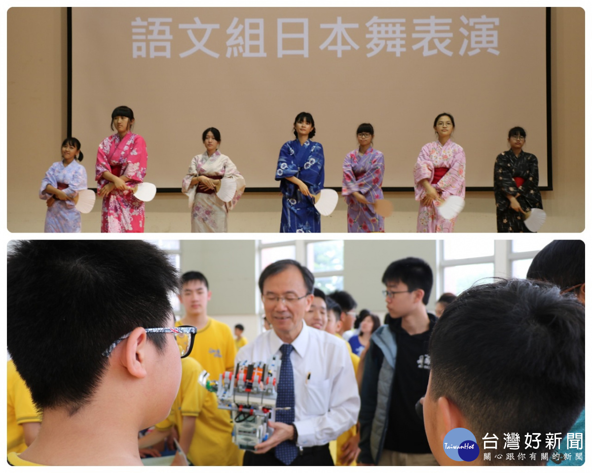 林繼生說,語文組近20位學生身著傳統和服表演日本舞蹈,舉手投足間詮釋日本舞所含蘊的「精緻」、「柔美」。