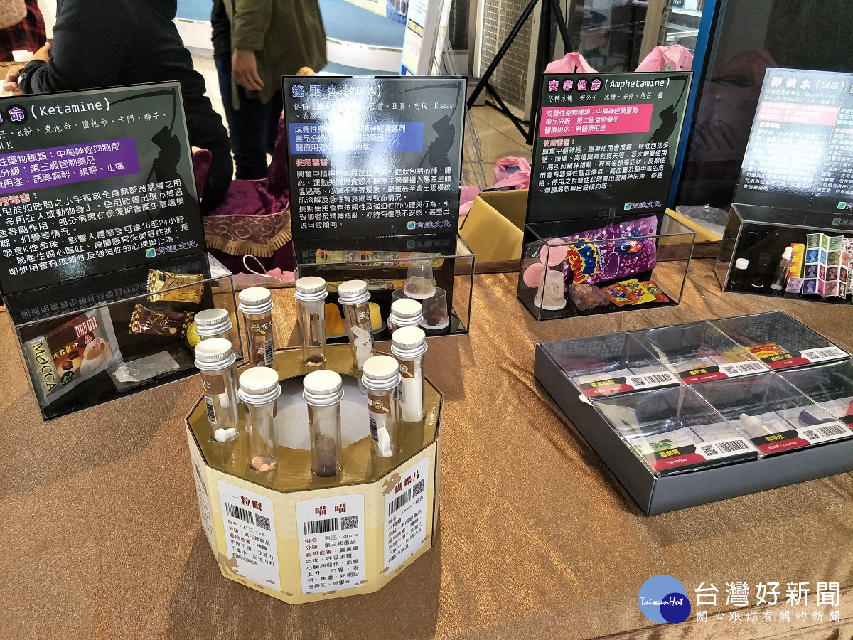 由彰化縣警局提供的新毒品模擬樣式陳列參考。圖/記者鄧富珍攝