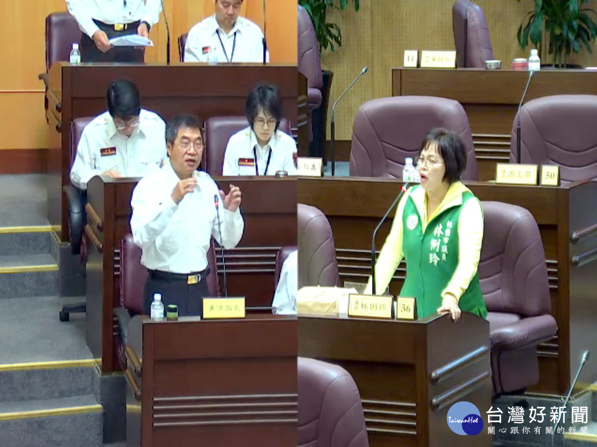 針對住警器的安裝,桃園市議員林俐玲質詢市府消防局長胡英達。