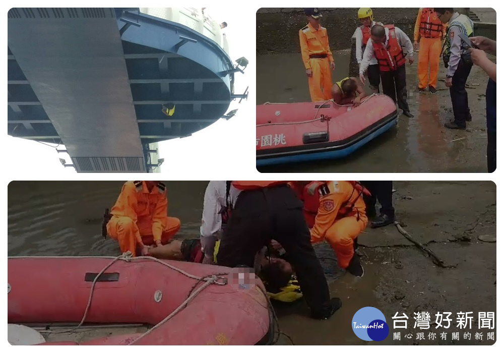 林姓男子死意甚堅,不久便一躍而下,趕來的友軍,立即驅船而上,將落水的男子救上岸送醫。