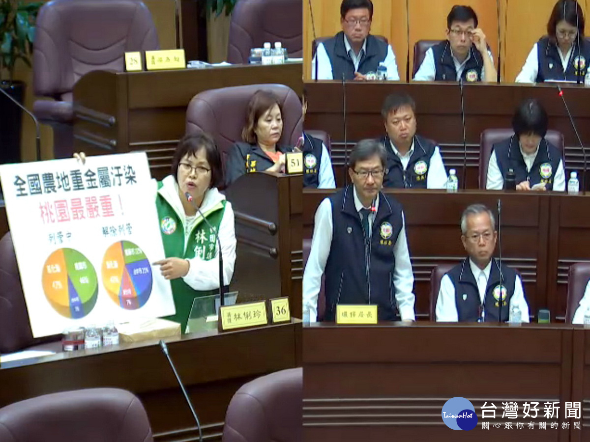 針對重金屬污染農地解除列管問題,桃園市議員林俐玲質詢環保局長沈志修。