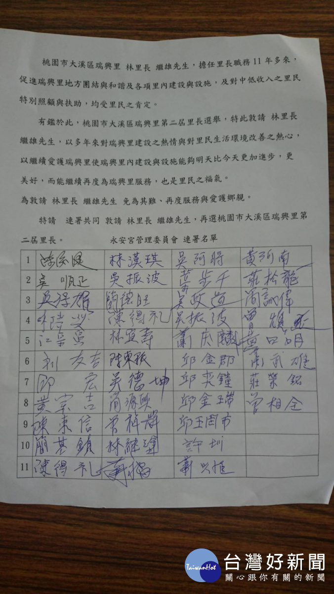 大溪瑞興里長也是里長聯誼會會長林繼雄宣布不再當選,該里鄰長及永安宮所有委員連署希望他再選。(記者陳寶印攝)