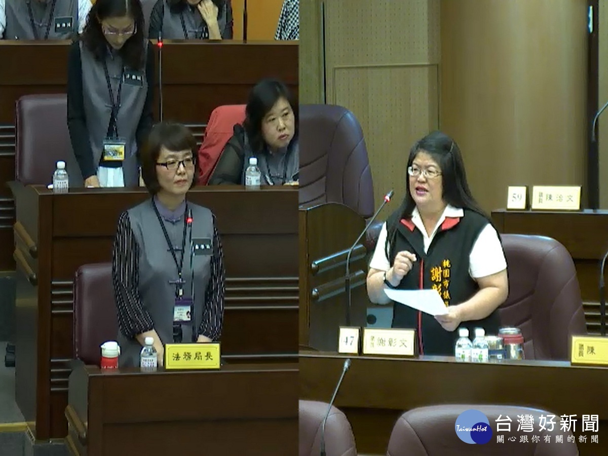 針對行政救濟程序,桃園市議員謝彰文質詢市府法務局長周春櫻。