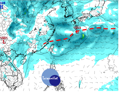 圖:最新(14日20時)歐洲中期預報中心(ECMWF)模式模擬顯示,下週二(22日)20時鋒面(紅虛線)已到台灣北部海面附近。但為8天之後的模擬,有「不確定性」。(圖/翻攝「三立準氣象·老大洩天機」)