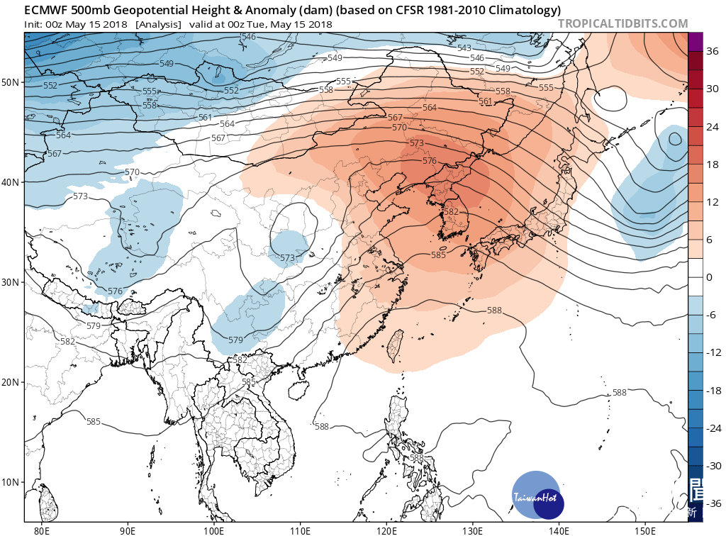 15日8時歐洲中期預報中心(ECMWF)500百帕分析圖顯示，台灣上空太平洋高壓籠罩，橘色顯示其高度值高於平均值，代表太平洋高壓偏強，其沉降作用限制了雲層的對流發展。(圖擷自Tropical tidbits／翻攝「三立準氣象·老大洩天機」)