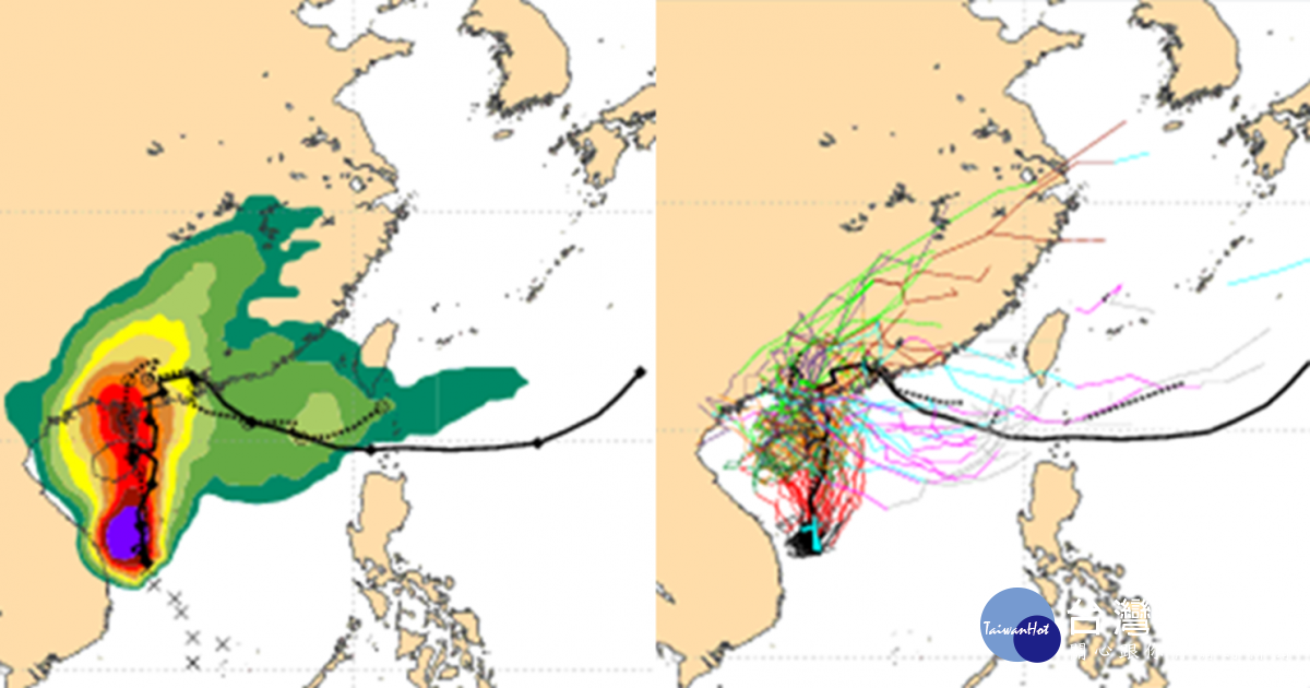 3日20時歐洲中期預報中心(ECMWF)系集模式51次模擬,完整顯示各種可能的路徑(右圖)。其中能倖存穿過巴士海峽約僅剩10至20%的機率(左圖)。(圖/翻攝「三立準氣象·老大洩天機」專欄)
