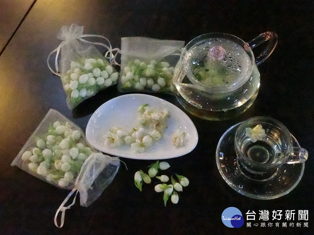 在茉莉花夢想館將新鮮的茉莉花DIY調製成一壺花香四溢的花茶。(圖/記者賴淑禎攝)