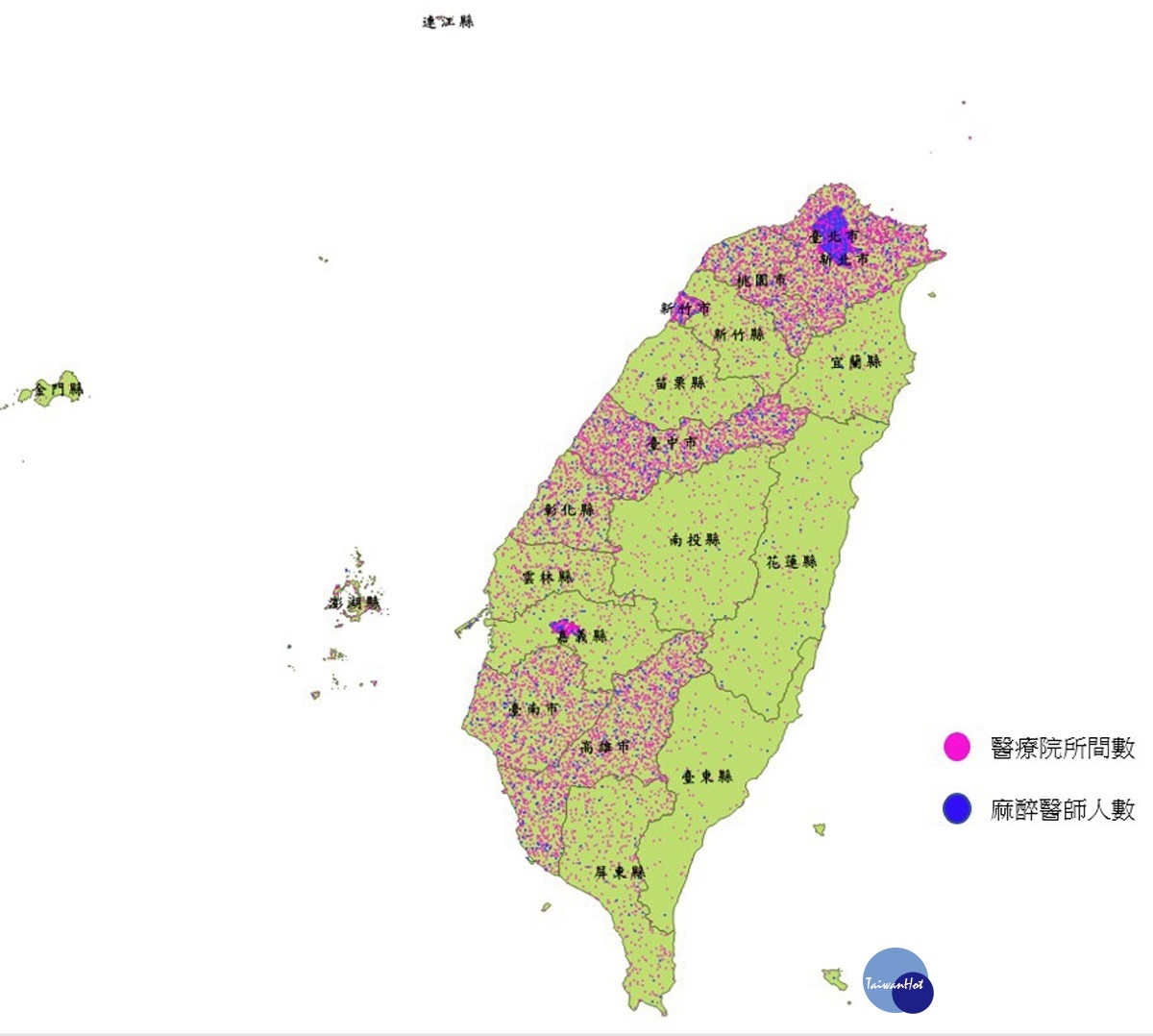 台灣各縣市醫療院所間數及麻醉醫師人數分布圖。