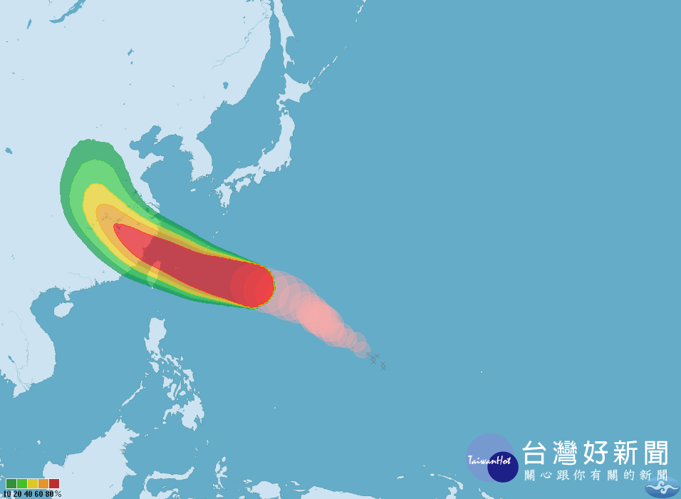 顯示未來120小時內颱風七級風暴風圈通過機率的高低分布。（圖／中央氣象局）