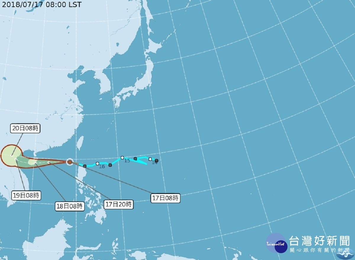 位於菲律賓東北方海面的熱帶性低氣壓已於上午增強為颱風「山神」，以每小時44公里向西朝海南島方向前進，對台灣天氣無直接影響（圖／中央氣象局提供）