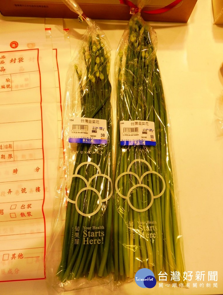 台北市衛生局公布6月生鮮蔬果抽檢結果,新光三越百貨天母店的韭菜花,被檢出殺蟲劑克芬蟎超標15倍。(圖/台北市衛生局)