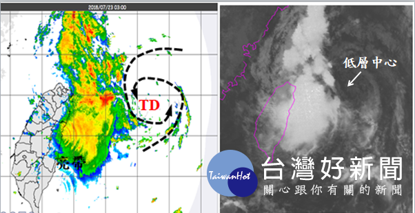 左圖：氣象局今(23)日3時「雷達回波合成圖」顯示，熱帶性低氣壓呈現高低層環流分離的現象，低層中心剛過石垣島，厚實回波則偏在低層中心西側。花蓮附近環狀回波，「雷達氣象」稱之「亮帶」，可別誤以為是低壓中心。右圖：今日3時衛星雲圖亦顯示，高低層環流分離的現象。（圖／翻攝「三立準氣象·老大洩天機」）