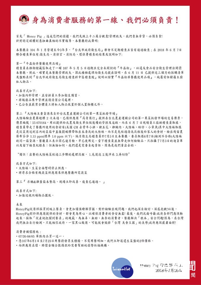Honey Pig聲明文疑似質疑台北市衛生局檢驗「大陸妹」流程,但該店隨後又以「修正筆誤之處,力求釐清事實」的理由刪除聲明文,稍晚在Facebook重發聲明文,針對「大陸妹」釋疑部分,再加上「無論如何,Honey Pig還是需要負起責任,因爲是我們賣出去的」的字句。(圖/Honey Pig Facebook)