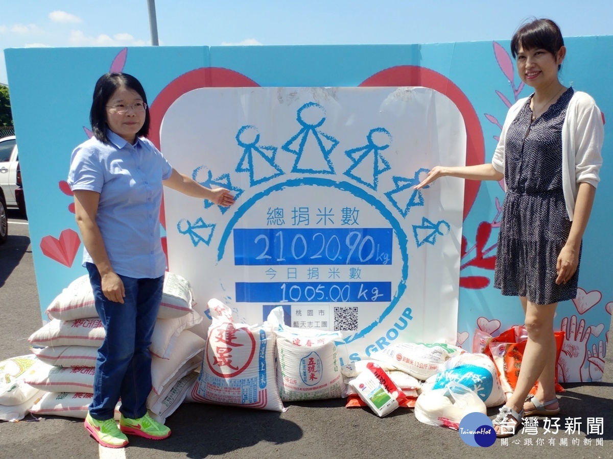 蘆竹南天宮愛心捐白米 藍天志工團募得1000公斤(游玉招律師與副執行長楊慧青見證白米捐贈)