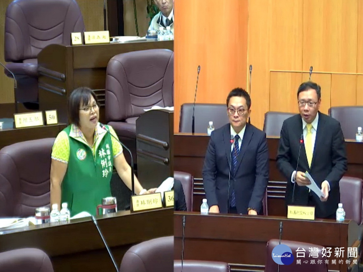 針對招商事宜,桃園市議員林俐玲質詢質桃園航空城公司董事長黃適卓、總經理許又銘。