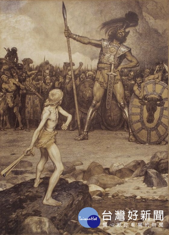 大衛與歌利亞的戰鬥（圖／維基百科）David and Goliath, a colour lithograph by Osmar Schindler (c. 1888)