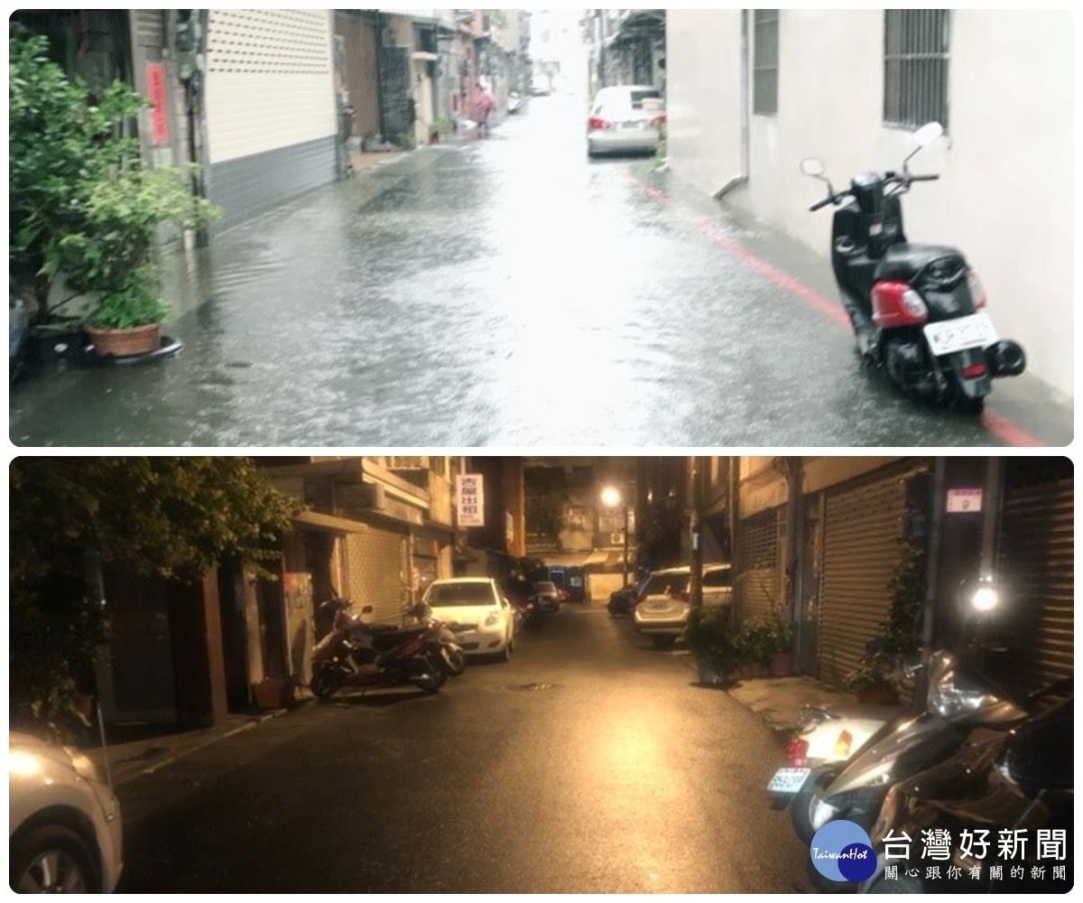 午後雷陣雨強襲,造成中壢區元化路巷弄淹水,到晚間已完全消退。