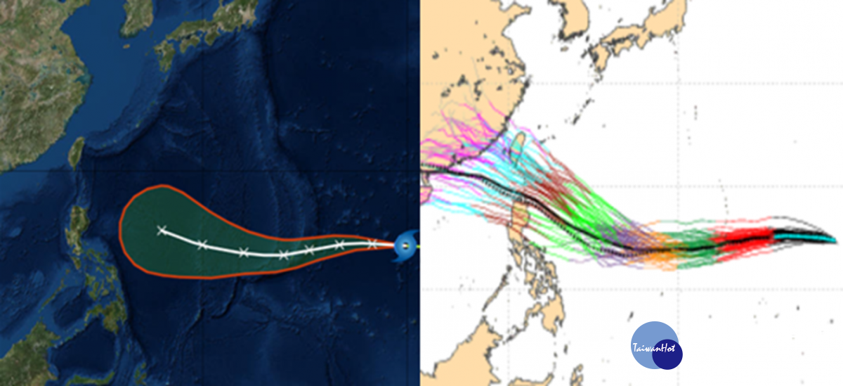 圖：最新(9日2時)氣象局「路徑潛勢預測圖」(左圖)顯示，「山竹」受太平洋高壓的氣流所導引，偏西再轉西北西進行。沿途環境高低層風切小、海洋熱含量(OHC)大，將一路增強。最新(8日20時)歐洲系集模擬(ECMWF 右圖)顯示，系集成員大致還算集中，並不是很分散，最新模擬的路徑已較7日20時的資料稍往南修。 (右圖擷自ECMWF )。（圖／翻攝「三立準氣象·老大洩天機」）