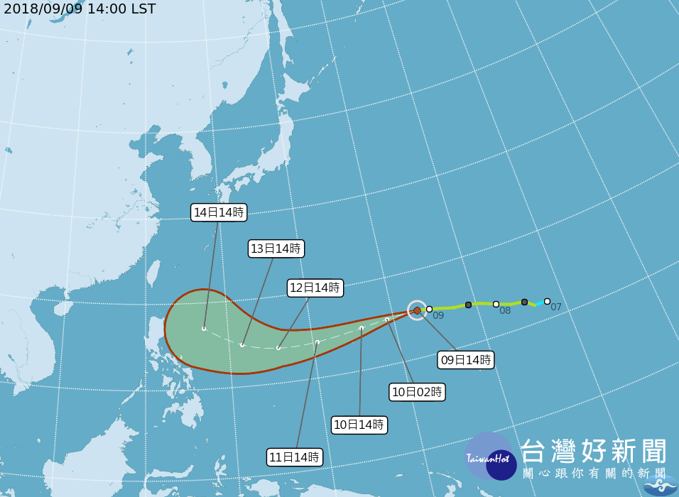 今年第22號颱風山竹已於9日下午增強為中度颱風，距台灣東部海岸有3000公里，以每小時34公里速度，向西進行（圖／翻攝中央氣象局網站）