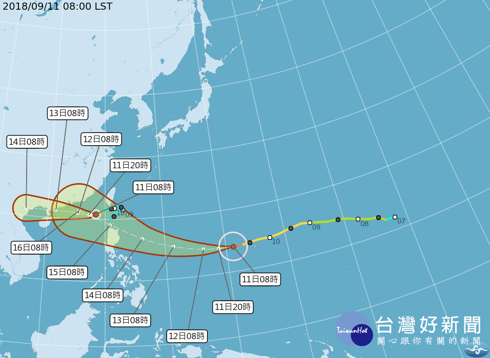 中央氣象局指出，22號颱風山竹已增強為強烈颱風，從最新路徑來看，預估周末中心將通過巴士海峽，主要影響迎風面的東半部及恆春半島。（圖／翻攝中央氣象局）
