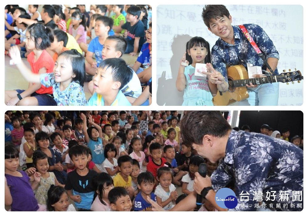 金曲歌手曾仲瑋贈送小禮物給互動的學生,新時代的仙哥仔新穎的演出方式 吸引現場小朋友的目光