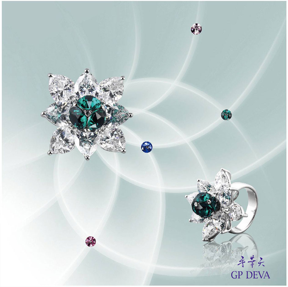 「大運波羅花」，有項鍊和戒指的款式，寶石顏色多樣，能配戴出貴氣，亦或呈現活潑的多元搭配。