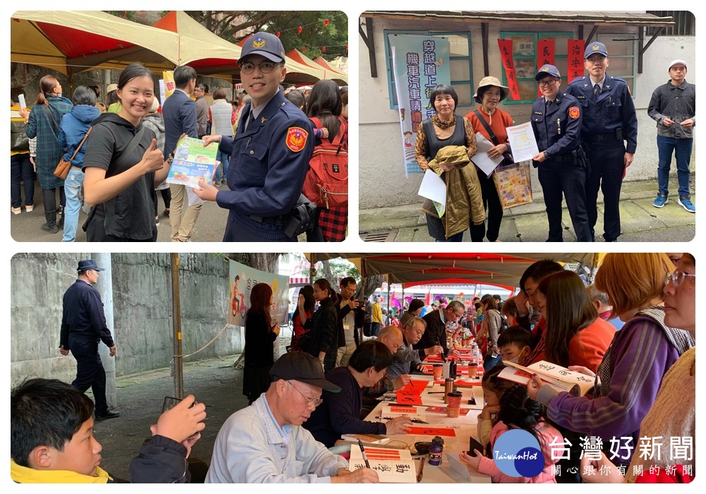 龜山警分局進行犯罪預防及交通安全宣導,並請書法家揮毫「治安平穩、交通順暢、服務安心」等春節期間警察重要工作主軸。